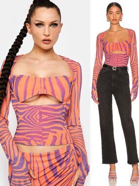 AFRM Zebra Print Mesh Square Neck Coutout Long Sleeve